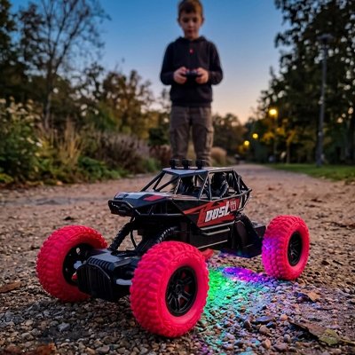 Enfant conduit Voiture tout terrain télécommandée dans une rue gravier