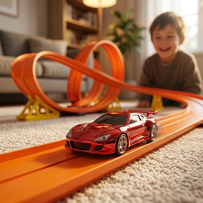 Enfant content assis au sol regarde voiture roulé dans circuit