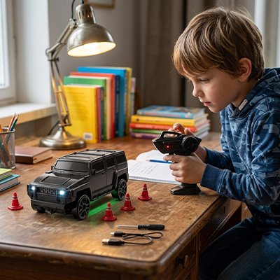 garçon concentré téléguide voiture télécommandée enfant sur table d'études