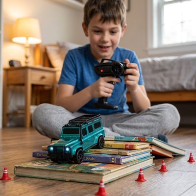 Garçon content regarde voiture télécommandée enfant roulée sur escalier livres