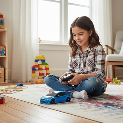 fillette regarde rouler Voiture télécommandée enfant bleue sur tapis
