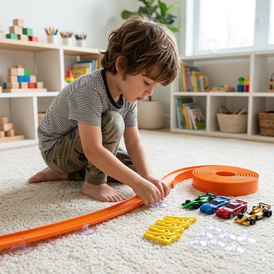 Petit garçon concentré installe circuit voiture enfant sur tapis