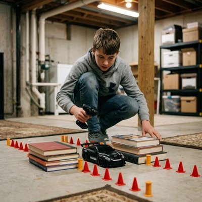 Adolescent concentré téléguide Voiture télécommandée enfant dans circuit cones livres