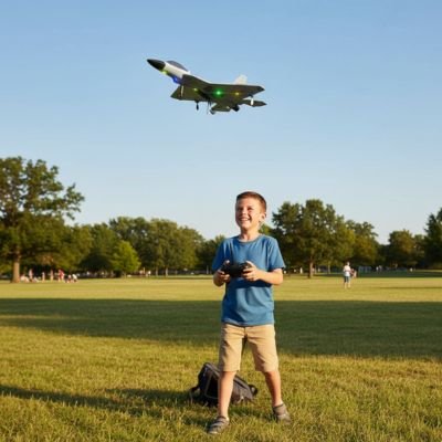 avion télécommandé en air dans parc téléguidé par enfant
