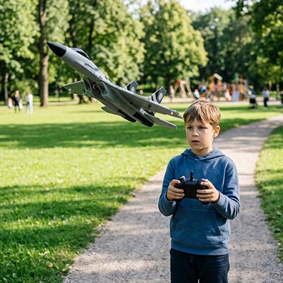 Avion télécommandé en vol dans un parc