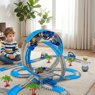 Circuit voiture enfant en marche installé dans salon