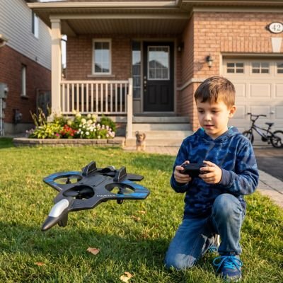 enfant à genoux admire avion télécommandé volé dehors