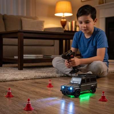 Enfant assis sur plancher regarde voiture télécommandée enfant rouler 