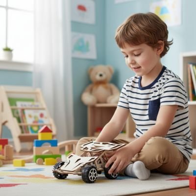 enfant assis sur tapis tient dans main Voiture télécommandée enfant 