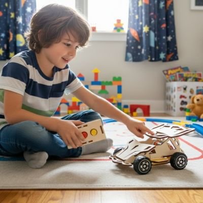 enfant assis tient télécommande en regardant sa Voiture télécommandée enfant 