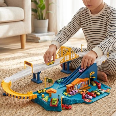 Enfant concentré fait rouler petites voitures dans circuit voiture enfant
