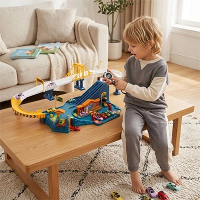Enfant content assis sur table regarde circuit voiture enfant
