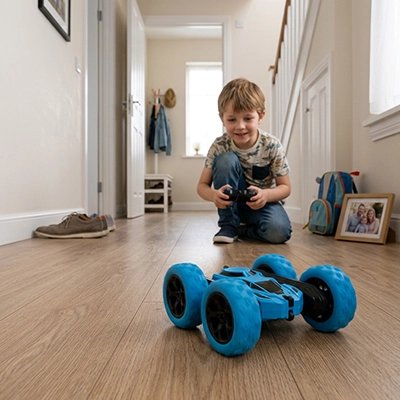 Enfant content fait rouler voiture télécommandée enfant sur plancher