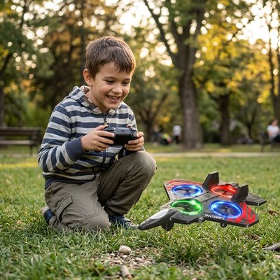 enfant content observe avion télécommandé atterri sur gazon au parc