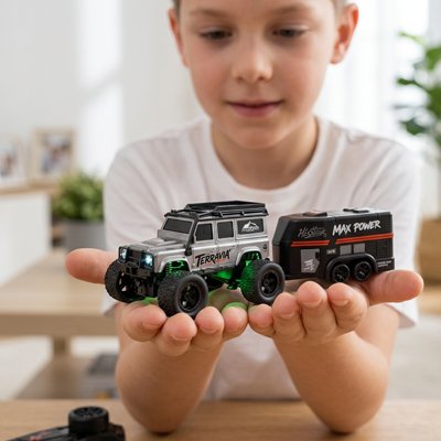 Enfant content présente dans ses mains Voiture télécommandée enfant lumineux