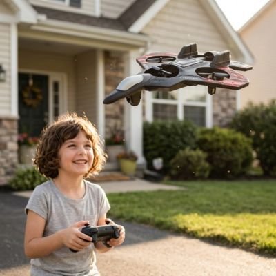 enfant content regarde avion télécommandée en plein air
