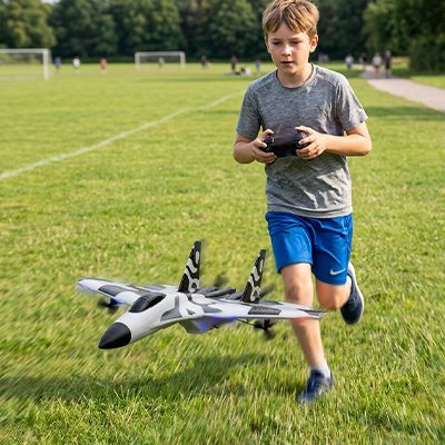 enfant court dans stade en téléguidant avion télécommandé proche atterissage