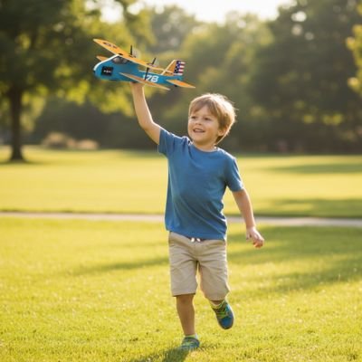 enfant souriant court en tenant en main avion télécommandé 