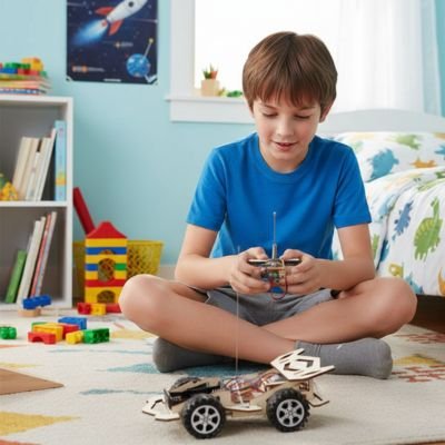 Enfant souriant joue avec Voiture télécommandée enfant dans sa chambre