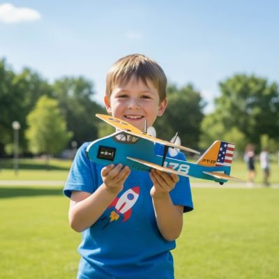enfant souriant présente avion télécommandé 