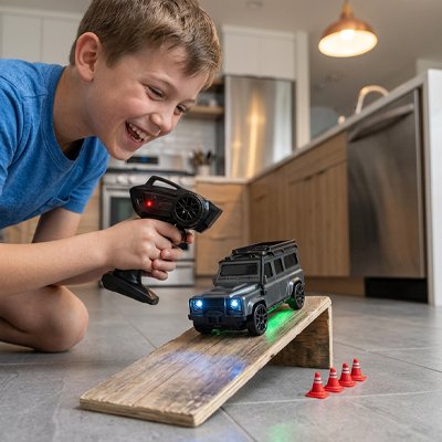 Enfant souriant téléguide voiture télécommandée enfant sur pente en bois