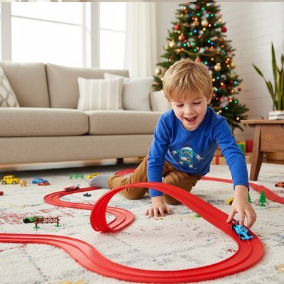enfant sur tapis joue avec circuit voiture