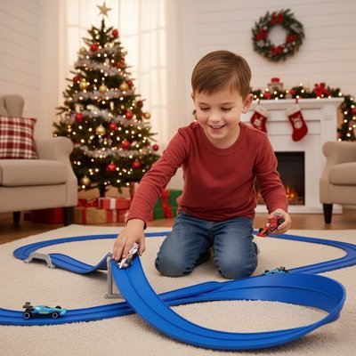 enfant tient dans sa main voiture sur circuit