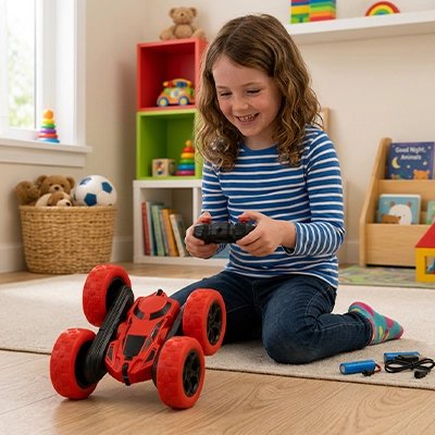 Fille contente joue avec voiture télécommandée enfant en chambre