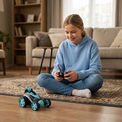 Fille contente téléguide Voiture télécommandée enfant bleue sur plancher
