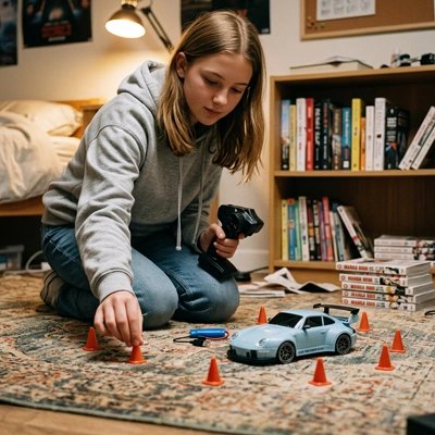 Fille expose kit complet Voiture télécommandée enfant sur tapis