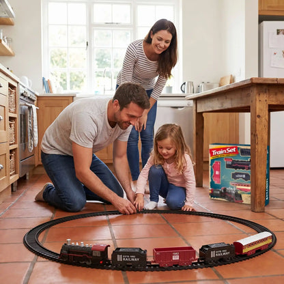 Fille, parent assemblent circuit train électrique par terre dans cuisine