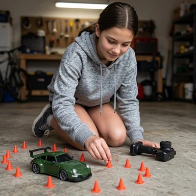 Fille range Voiture télécommandée enfant au milieu des cones oranges