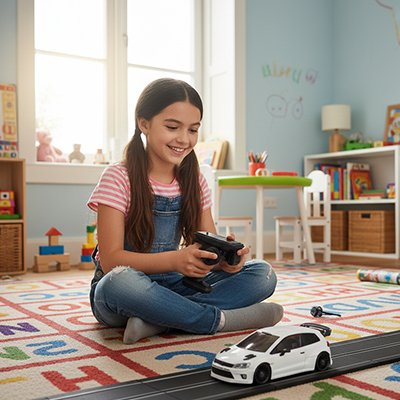 fille souriante joue avec Voiture télécommandée enfant blanche