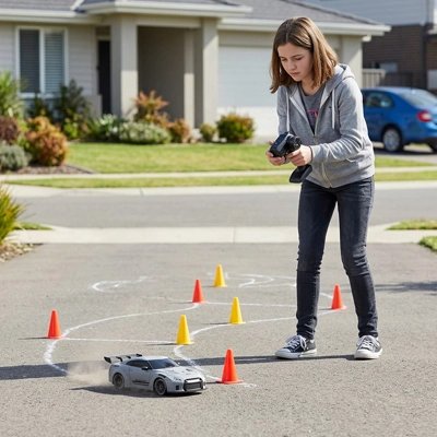 Fille téléguide Voiture télécommandée enfant dans circuit devant maison