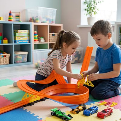 fillette, garçon jouent avec circuit voiture enfant dans salle jeu