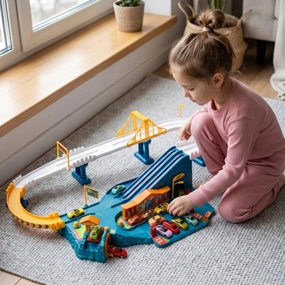 Fillette range petites voitures dans circuit voiture enfant sur tapis