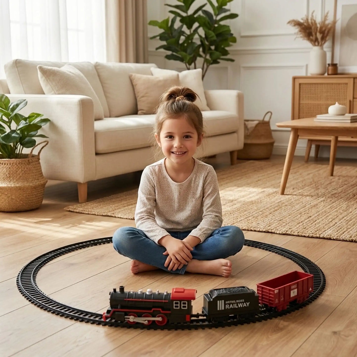 fillette souriante assise au milieu circuit train électrique