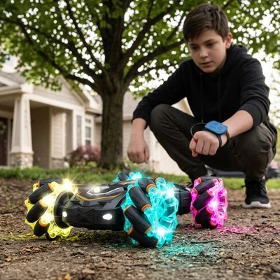 Garçon accroupi regarde Voiture télécommandée enfant rouler dehors