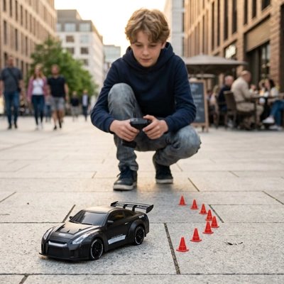 Garçon accroupi téléguide Voiture télécommandée enfant dans rue suivant circuit