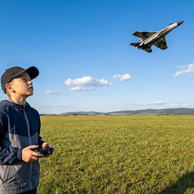 garçon admire avion télécommandé en vol haut dans ciel