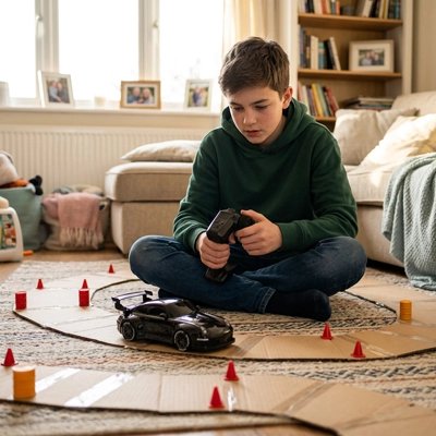 Garçon assis dans circuit téléguide Voiture télécommandée enfant sur carton