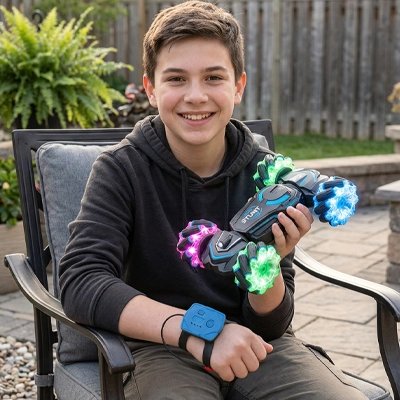 Garçon assis dans jardin présente voiture télécommandée enfant et bracelet
