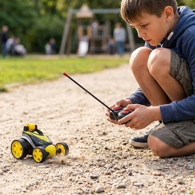 Garçon concentré s'amuse avec Voiture télécommandée enfant jaune dans terre