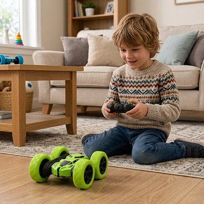Garçon concentré s'amuse seul avec voiture télécommandée enfant verte