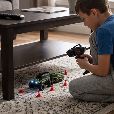 Garçon concentré s'amuse avec voiture télécommandée enfant sous table