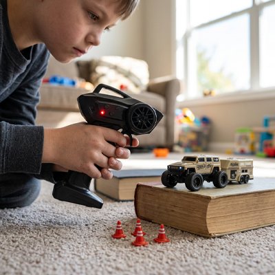 Garçon concentré tient télécommande,Voiture télécommandée enfant posé sur livre