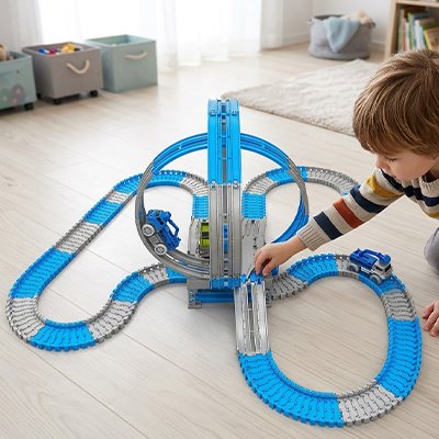 Garçon conduit petite voiture dans circuit voiture enfant au salon