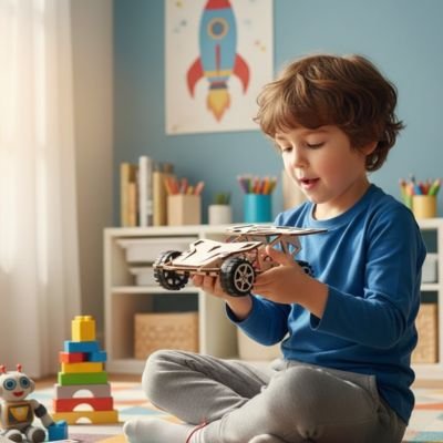 garçon contemple Voiture télécommandée enfant qu'il tient en main