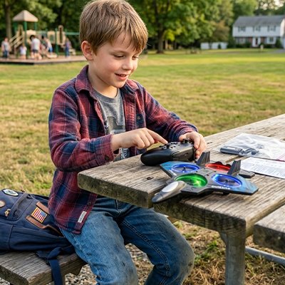 garçon content manipule télécommande et avion posé sur table banc