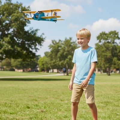 garçon content regarde avion télécommandé en vol dans le parc